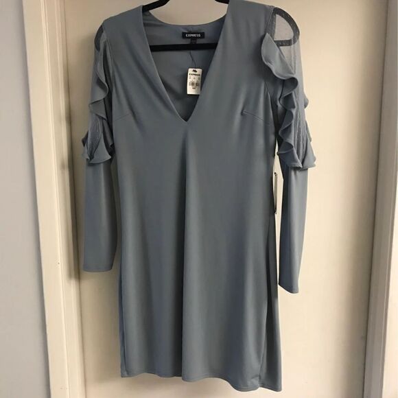 NWT~Express Slinky Gray Ruffled Sleeve Mini Dress - Picture 1 of 3